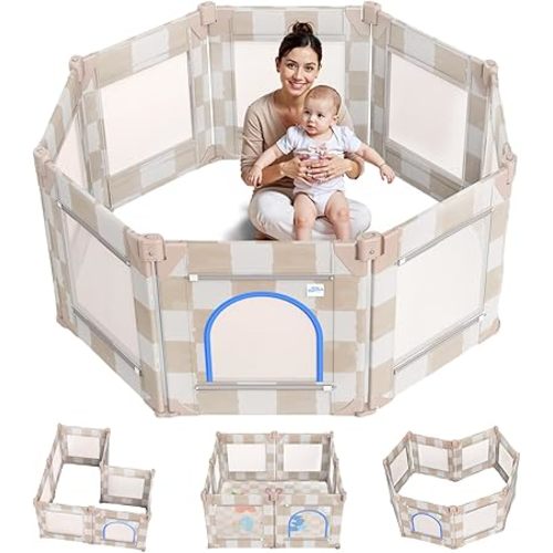 Tiny Marvels Baby Playpen, 50 x 50 in Play Pen for Babies and Toddlers, Foldable Baby Playpen, Play Yard for Infants with Breathable Mesh, Playard with Gate (Sand Checks,Mat not Included)