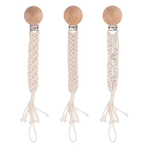 Boho Pacifier Clip for Boys Girls Pacifier Holder Leash Wooden Clips Handmade Braided Cotton Unisex Baby Shower Birthday Gift Christmas Gift (Pattern 1)