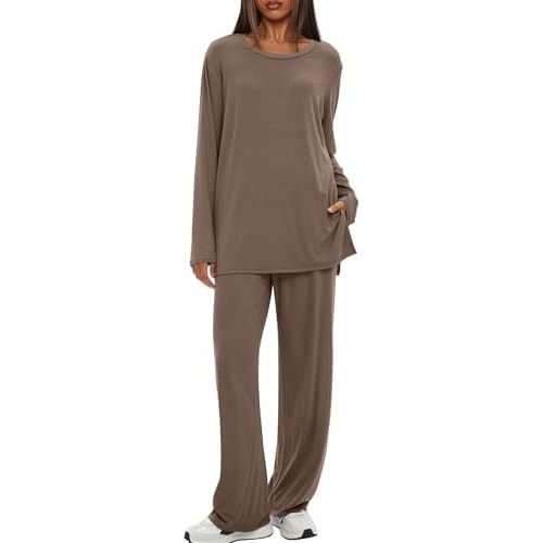 Darong Women's 2 Piece Lounge Set Casual Long Sleeve Crew Neck Tops Wide Leg Pants Travel Airport Outfit Matching Sets
