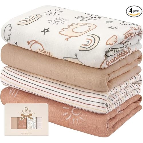 Yoofoss Muslin Swaddle Blankets, 4 Pack Receiving Blankets for Boys and Girls, 47 x 47 Inches Muslin Baby Blankets Soft Breathable - Brown Animals