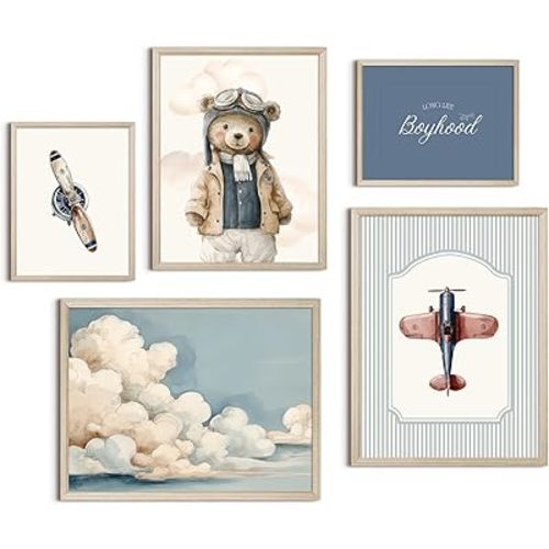Teddy Bear Nursery Wall Art Decor Vintage Boy Room Pictures Baby Boy Nursery Canvas Wall Decor Blue Vintage Airplane Poster Kids Travel Aviation Prints for Playroom Bedroom 8x10x5 Inch Wood Framed