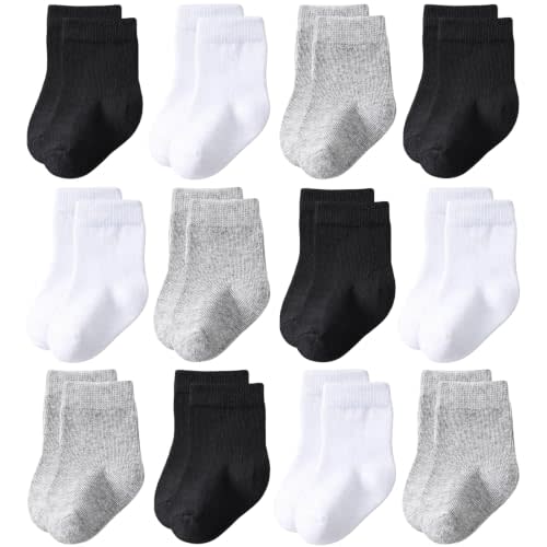 Baby Crew Socks 12-Pack Cotton Newborn Baby Boys Girls Socks 0-3T | Combed Cotton Baby Socks No Polyester, Soft on Skin Fits 0-3, 3-6, 6-12 Months & 1-3T for Newborn, Infant & Toddler