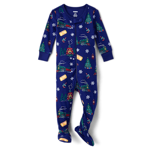Baby And Toddler Christmas Train Snug Fit Cotton One-Piece Pajamas - Gymmies - Blue