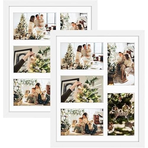 Golden State Art, 11x14 White Wooden Frame with White Mat - Displays Five 4x6 Photos - Tempered Glass - Wall Mounting, Portrait, Set of 2