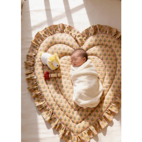 Heart Shaped Baby Play Mat, Vintage Blue Floral Ruffle, Padded Cotton