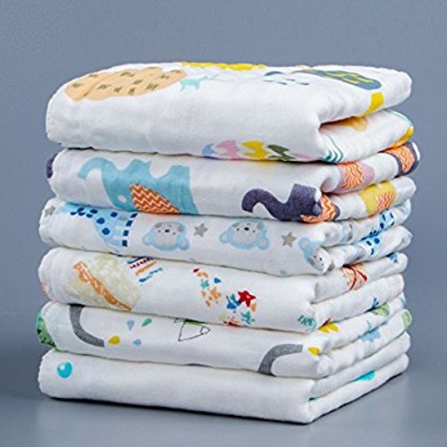 NTBAY 6 Layers of Baby Washcloths Natural Muslin Cotton with Cartoon Printed Design, Newborn Baby Face Towel Perfect Gifts Set of 6, Extra Soft, Breathable, 10x10 Inches