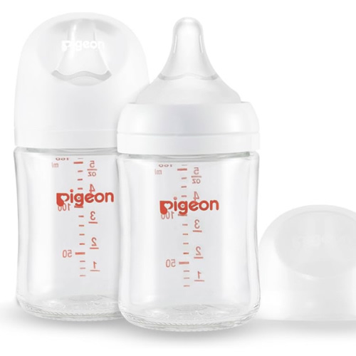 Pigeon Glass Nursing Bottle Wide Neck, Anti-Colic, Streamlined Body, Natural Feel, Easy to Clean, Heat-Resistant, 5.4 Oz(Pack of 2), Includes 2pcs SS Nipples (0m+)