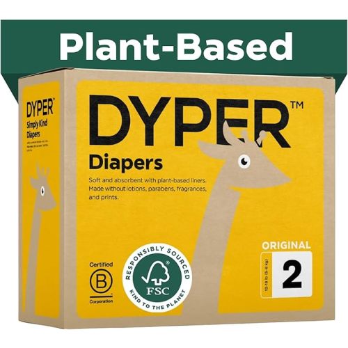 DYPER Baby Diapers Size 2 (192 Count) – Plant-Based, Hypoallergenic, Fragrance Free & Ultra Absorbent Disposable Diapers for Day and Overnight Skin Protection, Monthly Pack Size 2 Diapers