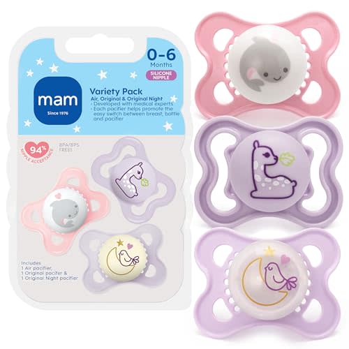 MAM Variety Pack Baby Pacifier, Includes 3 Types of Pacifiers, Nipple Shape Helps Promote Healthy Oral Development, 3 Pack, 0-6 Months, Girl