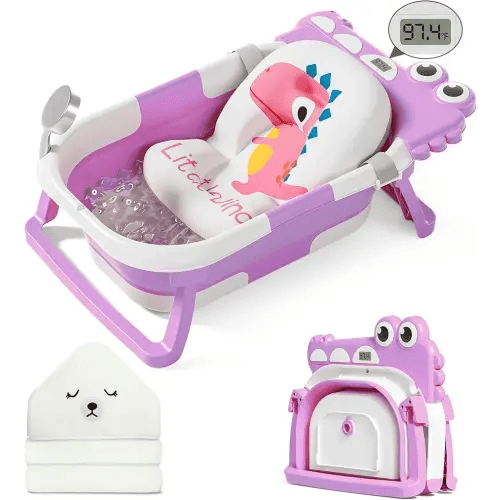 MoreFeel Collapsible Baby Bathtub for Newborn with Thermometer & 1 Hooded Towel & 1 Soft Floating Cushion,Portable Travel Bathtub with Drain Hole, Durable Foldable Baby Tubs for Infants to Toddler