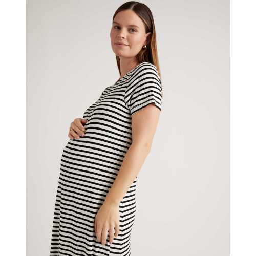 Bamboo Jersey Maternity & Nursing T-Shirt Dress in Black/White Stripe
