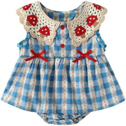 Matching Sister Outfit for Baby and Toddler Girls Summer Mushroom Lace Blue Gingham Romper/Dress