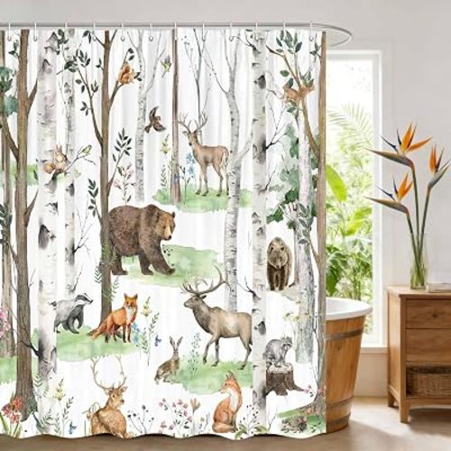 Rustic Forest Shower Curtain, Country Hunting Bear Deer Wild Animals Farmhouse Lodge Shower Curtain, Cabin Nature Bath Curtains Set with Hooks, 70X70 Inch, Multi4
