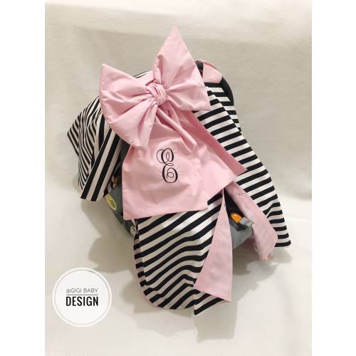 Personalized Baby Car Seat Canopy: Black and White Stripes, Light Pink Bow, Handmade Cover