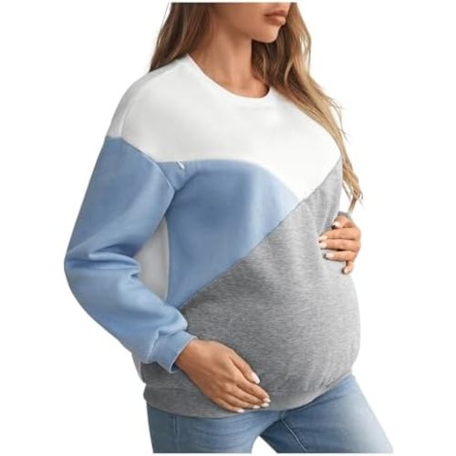 SweatyRocks Women's Maternity Color Block Sweatshirts Crewneck Zipper Nursing Pullover Tops