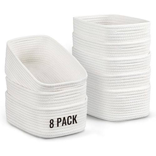 8 Pack Small Storage Baskets for Organizing, Woven Rope Bins for Bathroom, Closet, Shelf Organizer, Cute Cube Decorative Box for Towels, Baby Nursery, Toys, Gift Empty Baskets - 11.5"x7.5"x4.7"-White
