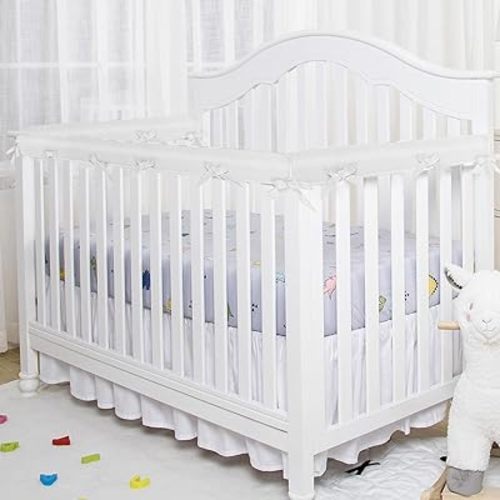 3Pcs Breathable Crib Rail Covers for Teething, 3-pcs Soft Anti-Collision Strip Corner Cover, Crib Teething Rail Cover (White)