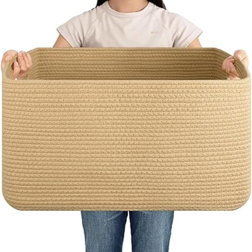 OIAHOMY 75L Large Blanket Basket, Woven Cotton Rope Baskets for Organizing 22”x17”x12”, Blanket Basket living Room, Toy Storage Bins for Nursery, Yellow