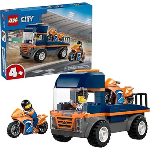 LEGO City Motorcycle Transporter Building Toy for Boys & Girls - Pretend Play Set for Preschool Kids, Ages 4+ - Flatbed Truck Toy W/2 Toy Motorcycles & 2 Minifigures - Gift Idea for Birthdays - 60491