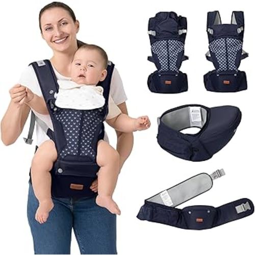 BabbleRoo Grow Carrier – Safety-Certified 6-in-1 Baby Carrier with Hip Seat, Ergonomic & Adjustable Toddler Carrier 7-50 lbs with Hip Support, Hood for Sun Protection, Newborn to Toddler, Navy Hearts