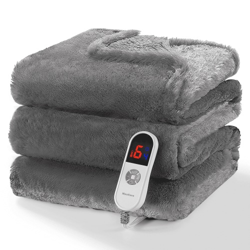 MaxKare Electric Throw Blanket 60" x 70" with 6 Heating Levels & 4 Hours Timer, Large LED Display, Soft Faux Fur & Shu Velvet - Gray