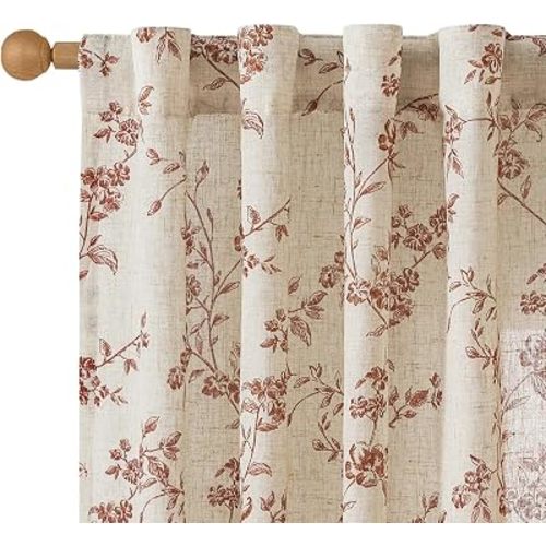 Lazzzy Terracotta Vintage Floral Linen Curtains 50W X 84L 2 Panels