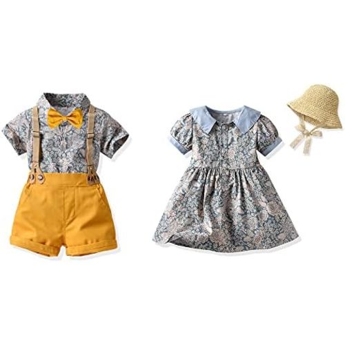 Summer Brother and Sister Matching Outfits Toddler Boys Gentleman Suits Infant Girls Dresses