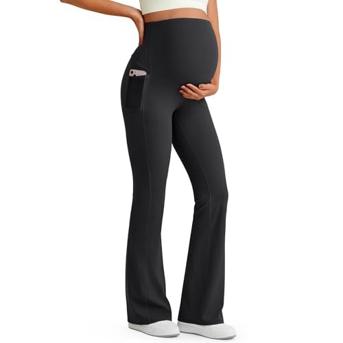 G4Free BareFeel Maternity Flare Leggings Pregnancy Dress Pants for Work | Two Practical Pockets,Over the Belly,Stretchy,Buttery Soft,for Yoga,Office or Casual Lounge