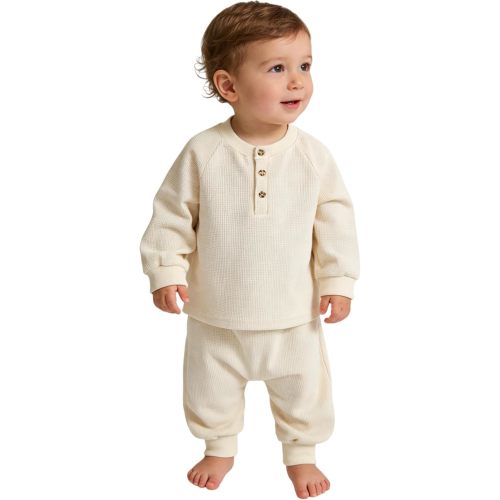 Toddler Baby Waffle Long Sleeve Sweatshirt ButtonTop Jogger Pants Set Cute Fall Winter Clothes Set Outfits