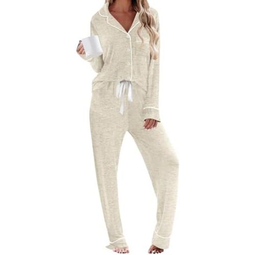 HNG Pajamas For Women Set 2 Piece Pjs Set Long Sleeve Button Up Lounge Set Sleep Wear With Pockets