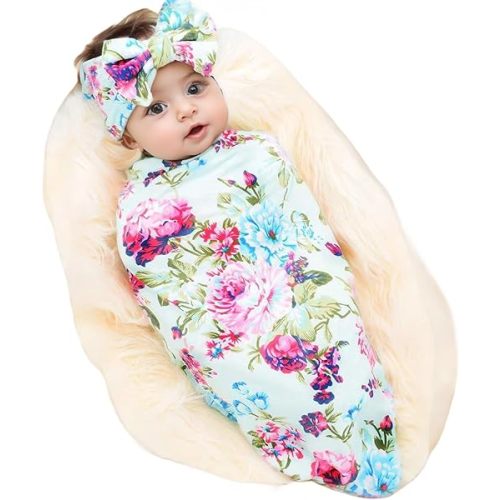 Galabloomer Receiving Blanket Headband Set Flower Print Baby Swaddle Receiving Blankets