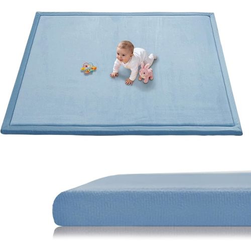 Baby Play Mat for Floor, 1.3 Inch Thick Memory Foam Tummy Time Mat with Non Slip Backing, Soft Coral Velvet 50×50 Inch Playpen Mat Crawling Tatami for Infants Toddlers Kids, Midnight Blue