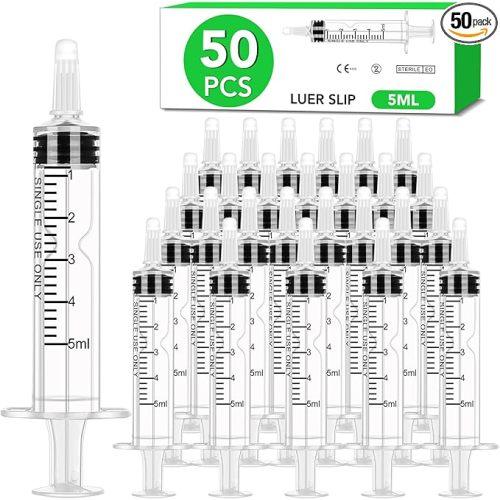 50 PCS 5ml Syringe with Cap for Liquid, Oral Syringe without Needle for Medicine Dropper, Colostrum Collect, Feeding Pets, Liquid Measuring, Individually Sealed, Luer Slip