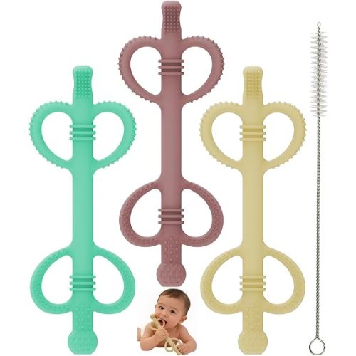Solifegoble Baby Silicone Teething Stick, Dual‑Loop Two‑Hand Grip Molar Teether, Multi‑Textured Gum Massager, Freezer & Dishwasher Safe for 3‑12 Months Babies