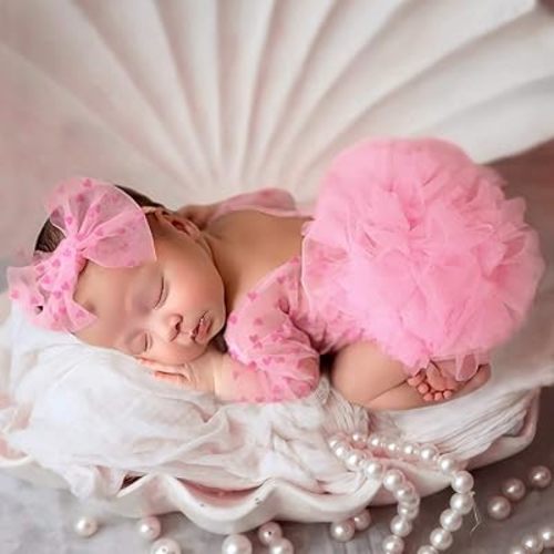 Ylsteed Newborn Girl Photoshoot Outfits Lace Baby Photography Outfits Girl Photo Props for Newborn Elastic Romper with Headband Baby Elegant Gorgeous Photography Outfit - Dark Pink