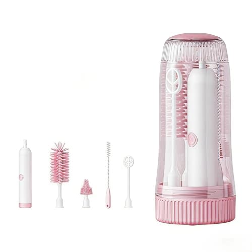 Portable Electric Silicone Bottle Brush Set, 7-in-1 UV LIGHT USB Charging, Nipple/Straw Cleaner, Milk Mixer, Built-in Drying Rack & Storage Case, BPA-Free, IPX7, On-the-Go for New Parents (Blush)