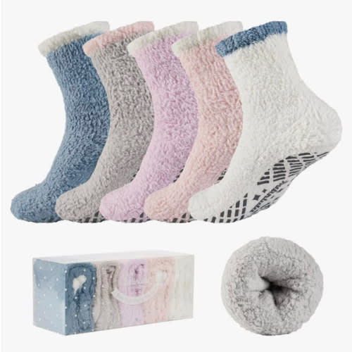 Bulinlulu Fuzzy Socks With Grips for Women 5-Pairs Non Slip Sleep Warm Fluffy Slipper Socks Valentine's Day Gifts for women