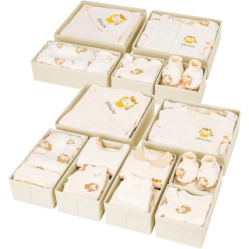 DIMJ Drawer Organizer Clothes 12 Pack - Foldable Baby Organizers and Storage & Dresser Organizer for Bedroom, Closet - Nursery Organization Dresser Dividers for underwear, Sock,Bra, Belt, Tie, Beige