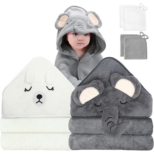 6 PCS Baby Bath Towels Set for Infants Toddlers, 2 PCS Animal Hooded Baby Towels & 4 PCS Washcloths Set, Ultra Absorbent Cute Soft Newborn Bath Essentials Gifts for Boys & Girls