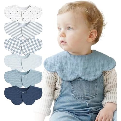 6-Pack Muslin Baby Bibs, 360° Rotate Flower-Shaped Drool Bibs