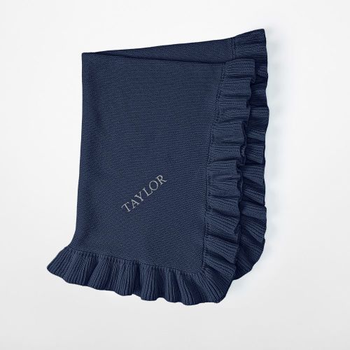 Ruffle Knit Cotton Baby Blanket in Navy