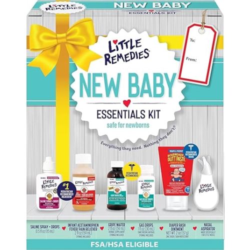 Little Remedies New Baby Essentials Kit with Saline Nasal Spray, Diaper Rash Cream, Gas Relief Drops, Gripe Water & More, Safe for Newborns