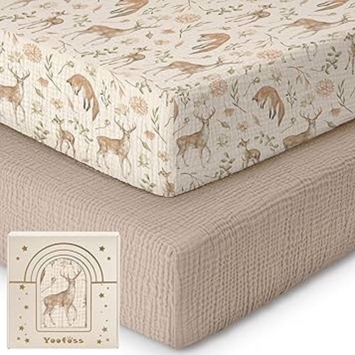 Yoofoss Muslin Pack and Play Sheets Fitted, Organic Mini Crib Sheets for Boys Girls, Playard Sheet Compatible with Pack N Play Mattress, Soft, Breathable and Durable 38"x26"