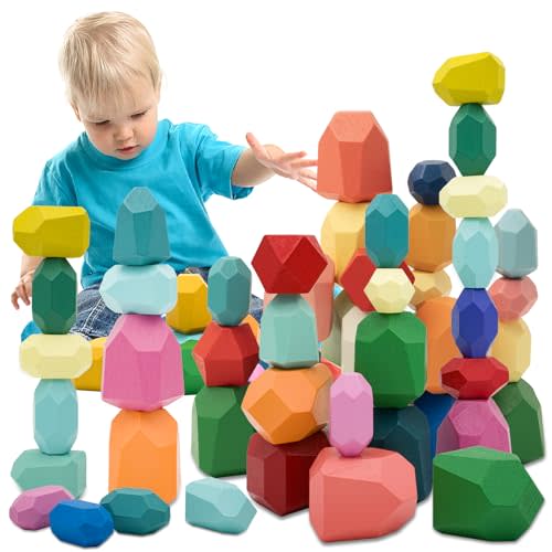 MEGRANATE 39PCS Montessori Wooden Stacking Rocks Toys Colorful Stacking Stones Building Blocks Games Sensory Toy for Toddlers Educational Learning Toys for 1 2 3 4 5 6 Years Old Kids