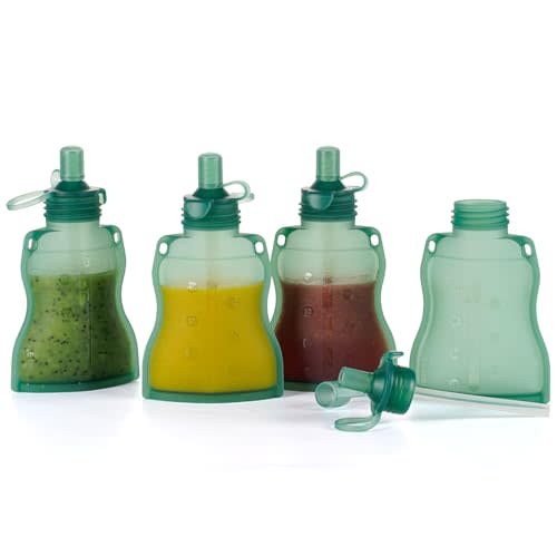 haakaa Baby Food Pouch Refillable Baby Squeeze Silicone Yummy Pouch, Soft Reusable Squeeze Storage Food Pouch for Kids Toddler,Home Made Food Puree,Smoothie Pouch Bag, 4.4oz, 4 Pack,6m+(Pea Green)