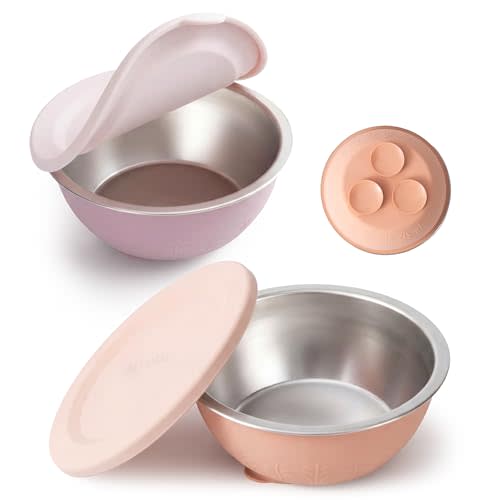 Moonkie Baby Bowls with Suction, Stainless Steel & Silicone Toddler Bowls with Lids, Seamless One-Piece Design Silicone Bowls for Babies 4 Months+, 13oz, BPA-Free, Lead-Free, Dishwasher Safe, 2 Pack