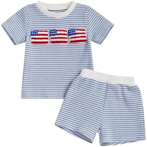Karuedoo 4th of July Toddler Baby Boy Outfit USA Flag Embroidery Stripe Waffle Knit Short Sleeve T Shirt Tops and Shorts Set