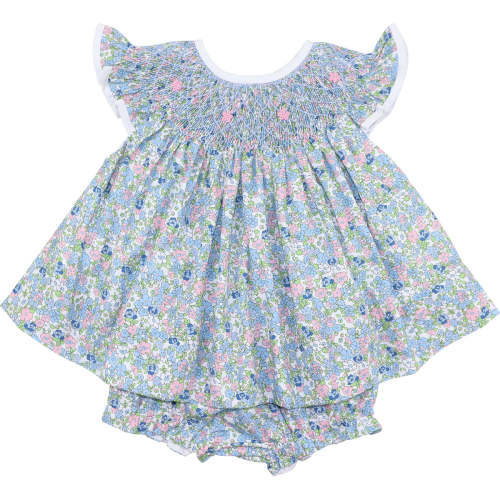 Blue And Pink Smocked Floral Diaper Set