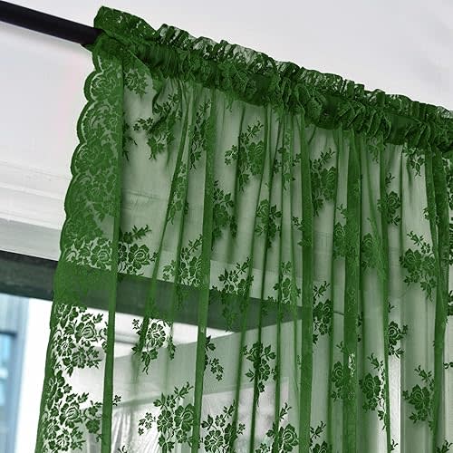 Emerald Green Sheer Curtains 72 Inches Long 2 Panels Set, Rusitc Floral Vintage Hunter Green Lace Curtains for Living Room, Rod Pocket Privacy Moody Dark Green Sheer Lace Curtain, Each 52 x 72 Inch