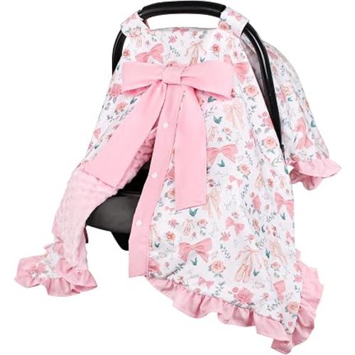 Baby Car Seat Cover, Soft Minky Warm Winter Car Seat Canopy with a Bow for Infants & Toddlers, Opening with Adjustable Strap, Breathable Nursing Cover & Stroller Blanket, Pink